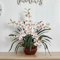 30" White Silk Cymbidium Arrangement with Decorative Vase