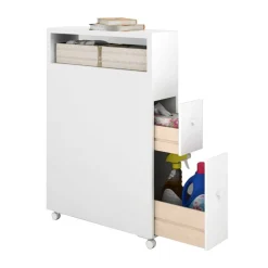 White Slim Bathroom Storage Cabinet with 2 Drawers and Removable Baskets, Rolling Narrow Toilet Storage Organizer with Open Shelf and Lockable Wheels