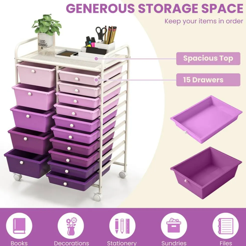 White Steel Frame Rolling Storage Cart with Purple Drawers and 15 Compartments