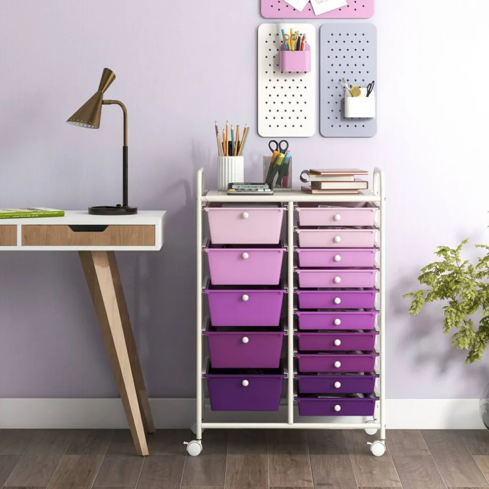 White Steel Frame Rolling Storage Cart with Purple Drawers and 15 Compartments