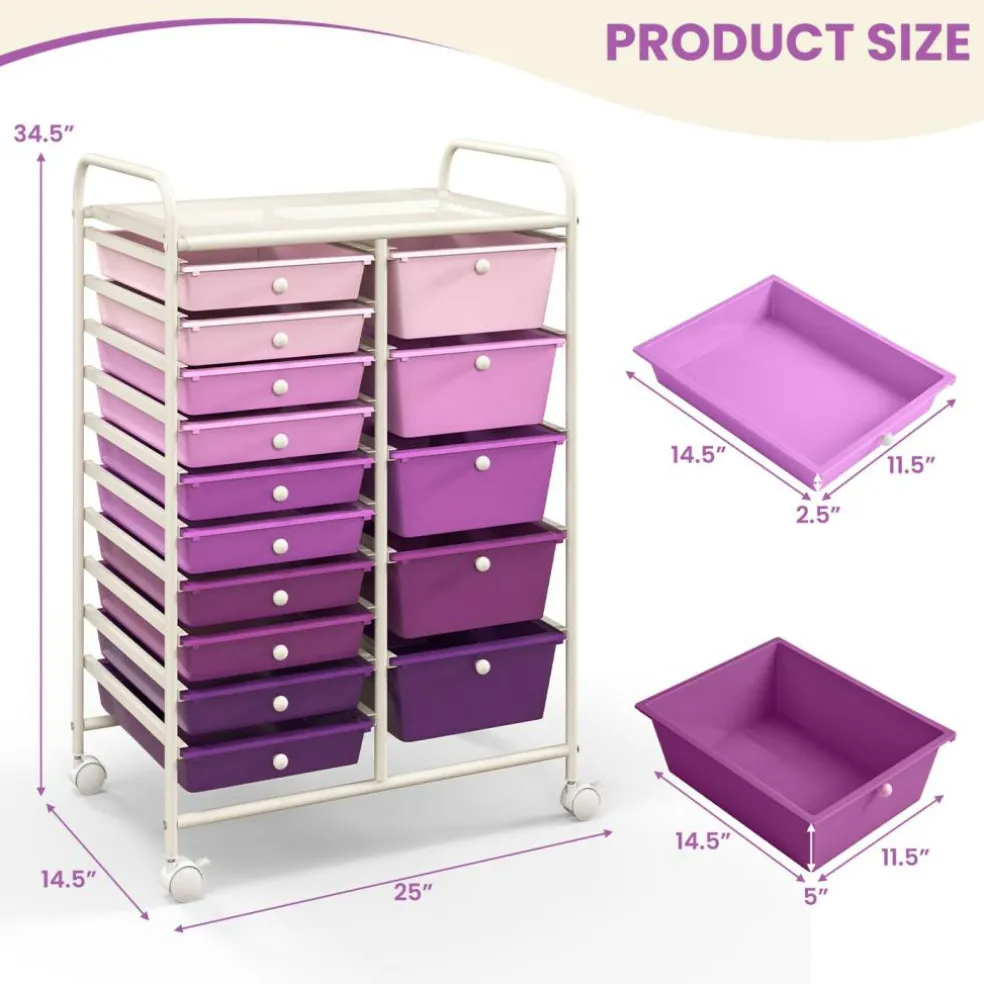 White Steel Frame Rolling Storage Cart with Purple Drawers and 15 Compartments