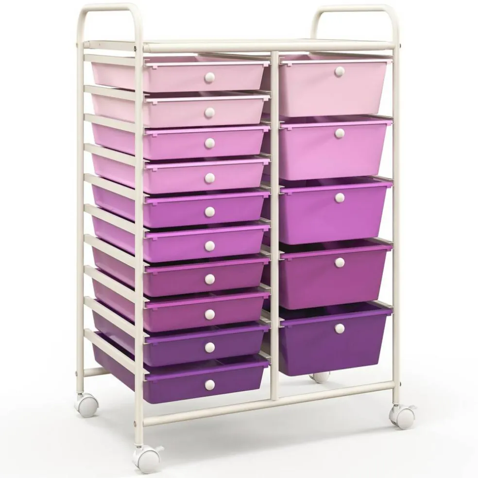 White Steel Frame Rolling Storage Cart with Purple Drawers and 15 Compartments