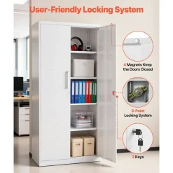 White Steel Storage Cabinet 68.9 in Lockable with 4 Adjustable Shelves