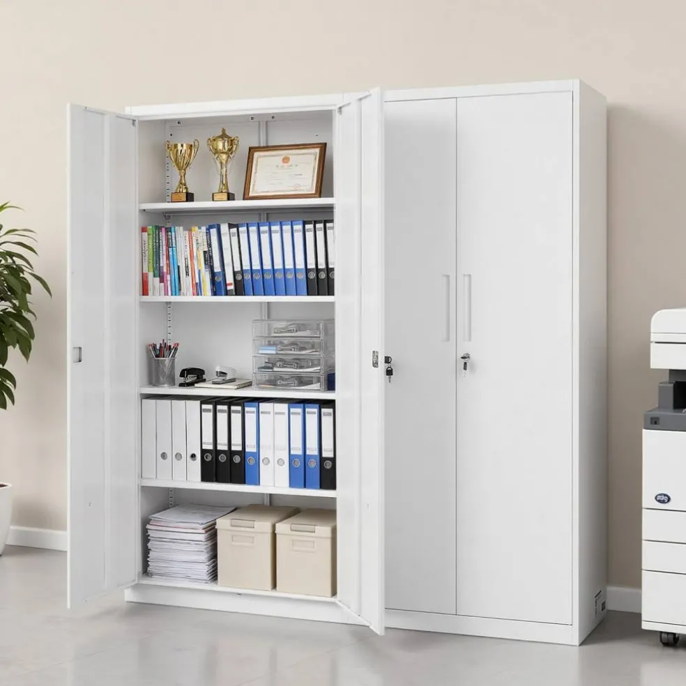 White Steel Storage Cabinet 68.9 in Lockable with 4 Adjustable Shelves