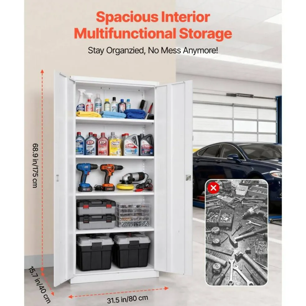 White Steel Storage Cabinet 68.9 in Lockable with 4 Adjustable Shelves