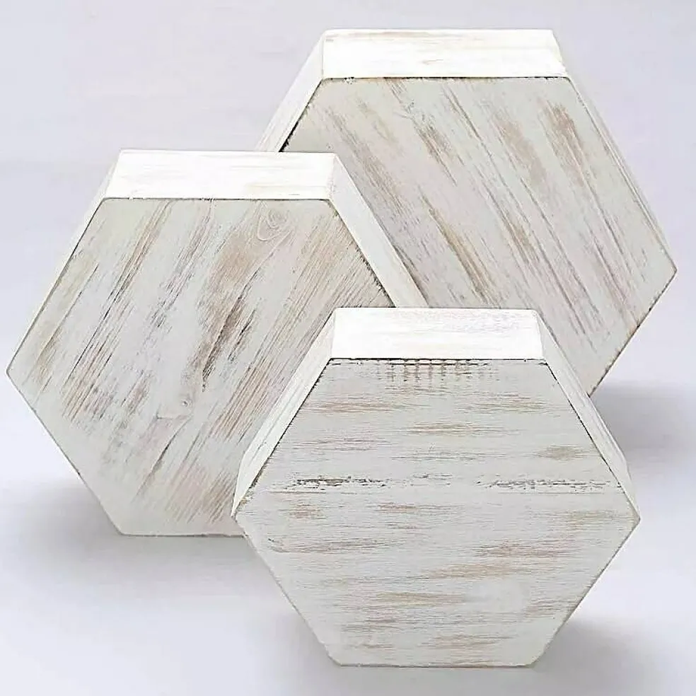 3 Whitewashed Wooden CAKE STAND Hexagonal Dessert Display Boxes Party Events