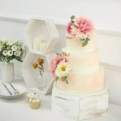 3 Whitewashed Wooden CAKE STAND Hexagonal Dessert Display Boxes Party Events