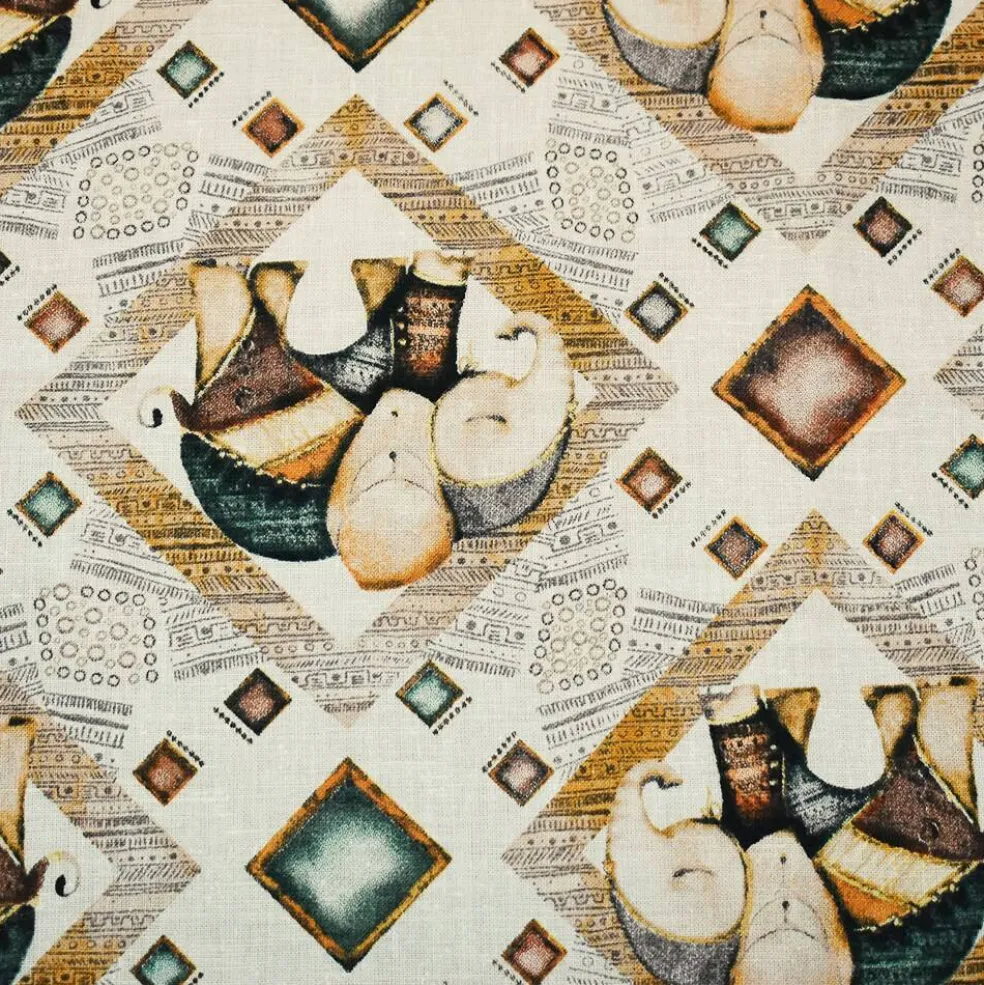 White-Yellow-Multi Elephant Diamond Pattern Printed Linen Woven Fabric By the Yard