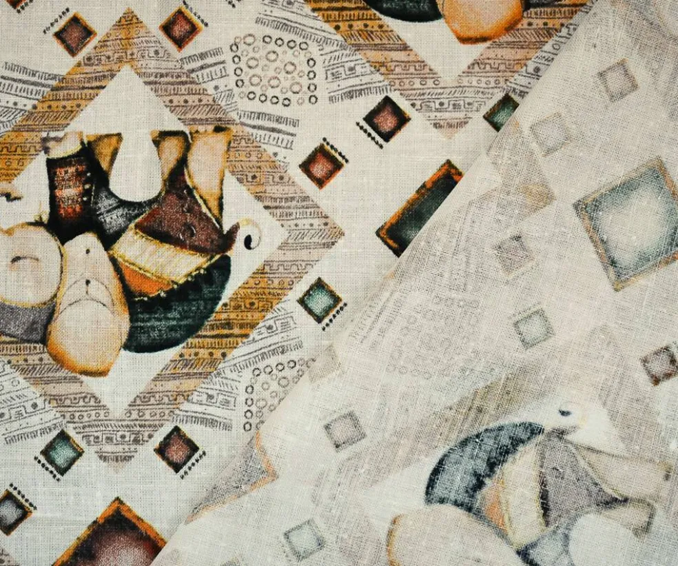 White-Yellow-Multi Elephant Diamond Pattern Printed Linen Woven Fabric By the Yard