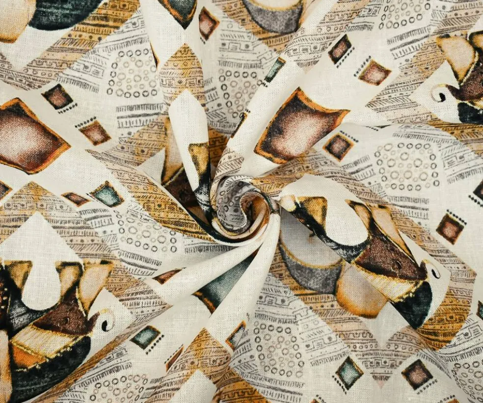 White-Yellow-Multi Elephant Diamond Pattern Printed Linen Woven Fabric By the Yard
