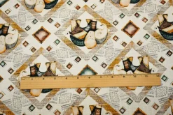 White-Yellow-Multi Elephant Diamond Pattern Printed Linen Woven Fabric By the Yard