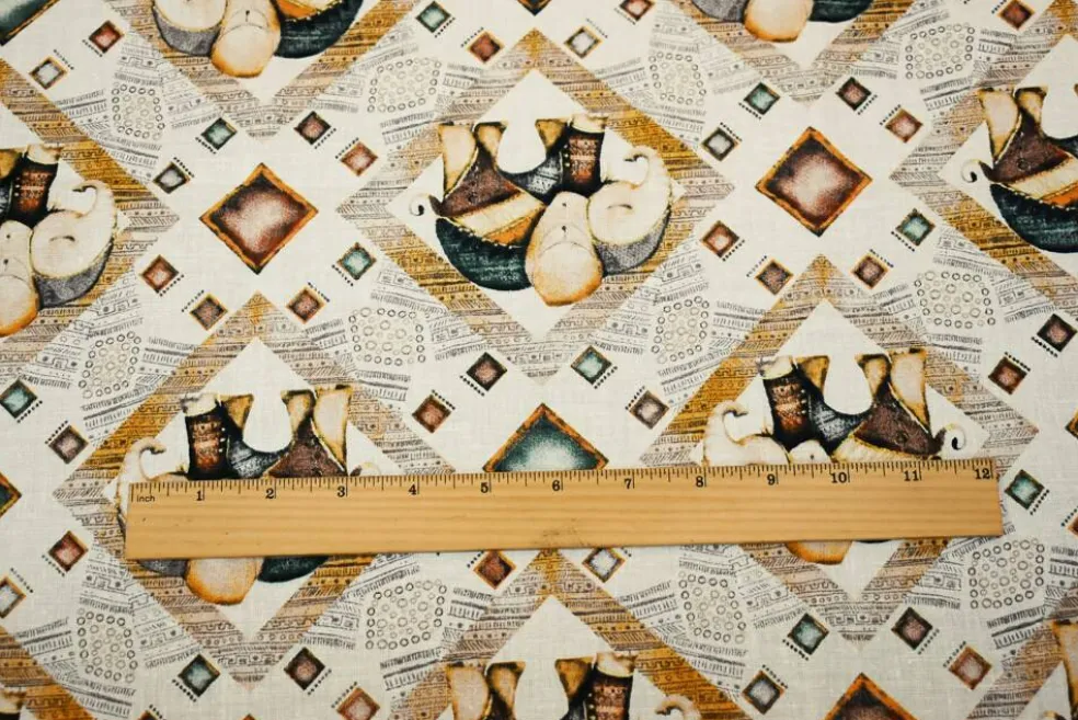 White-Yellow-Multi Elephant Diamond Pattern Printed Linen Woven Fabric By the Yard