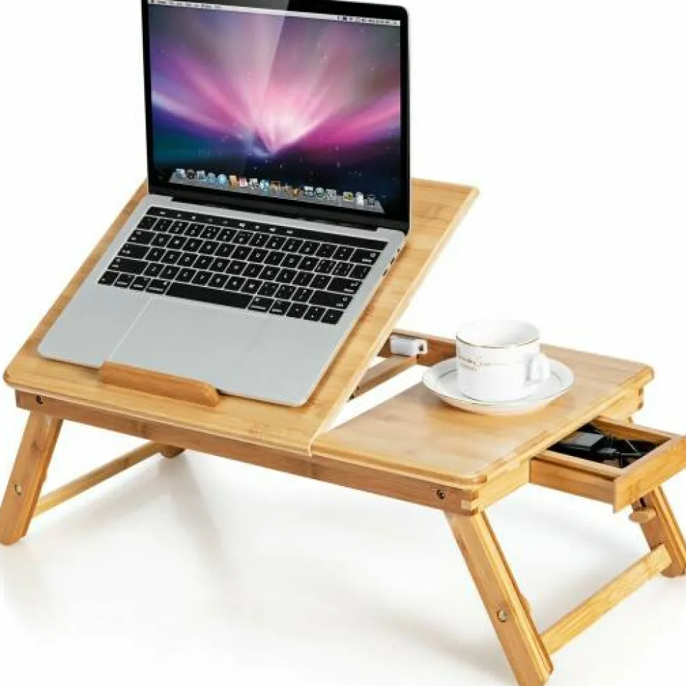 Wicker Laptop Lap Tray with Adjustable Legs and Tilting Heat-dissipation Top- Natural