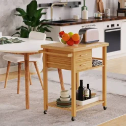 Wicker Storage Trolley with Drawers and Tower Rack for Kitchen