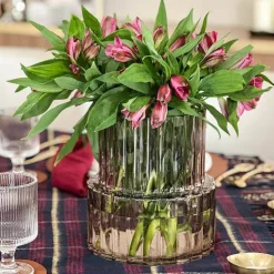 Wide Neck Short Amber Ribbed Glass Vase