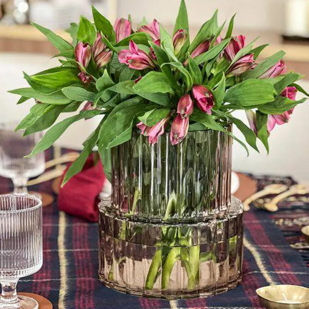 Wide Neck Short Amber Ribbed Glass Vase