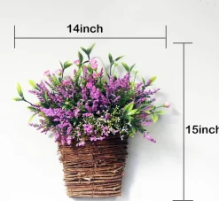 Wildflower Hanging Basket Door Decor, Artificial Spring Front Door Wreath Basket with Rattan & Colorful Wildflowers, Farmhouse Porch Wall Hanging Ornament for Indoor Outdoor Home Decoration