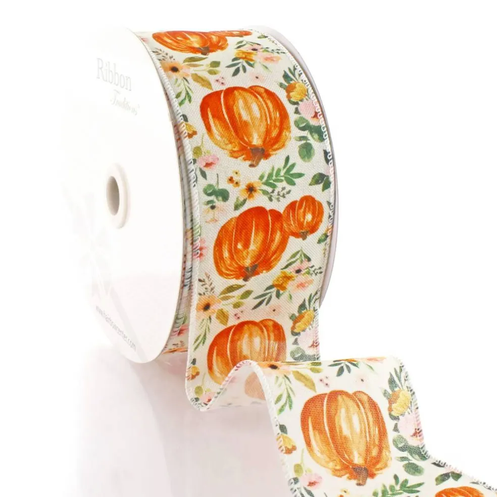 2 1/2" Wired Ribbon Fall Boho Floral Pumpkins 10 Yards