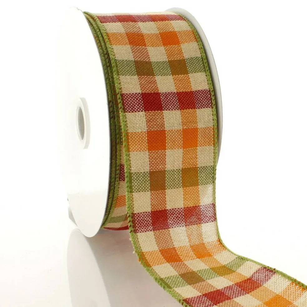 2 1/2" Wired Ribbon Fall Gingham Plaid Orange/Green/Maroon 10 Yards