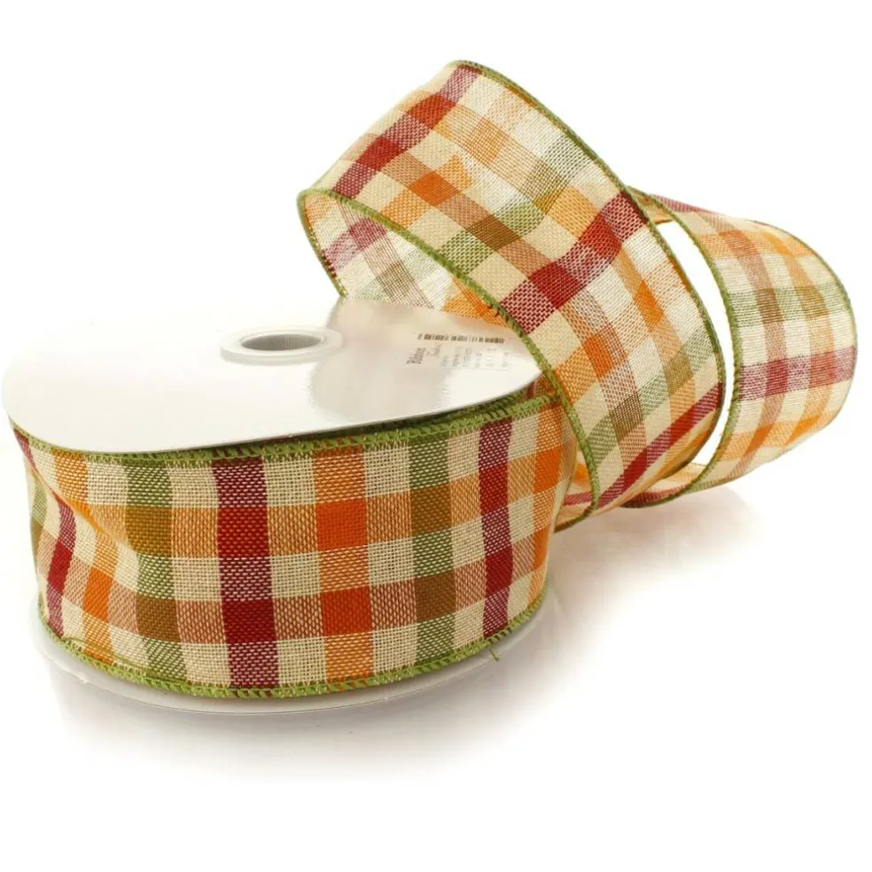 2 1/2" Wired Ribbon Fall Gingham Plaid Orange/Green/Maroon 10 Yards