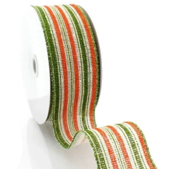 2 1/2" Wired Ribbon Fall Orange/Green/Cream Stripes Burlap 10 Yards