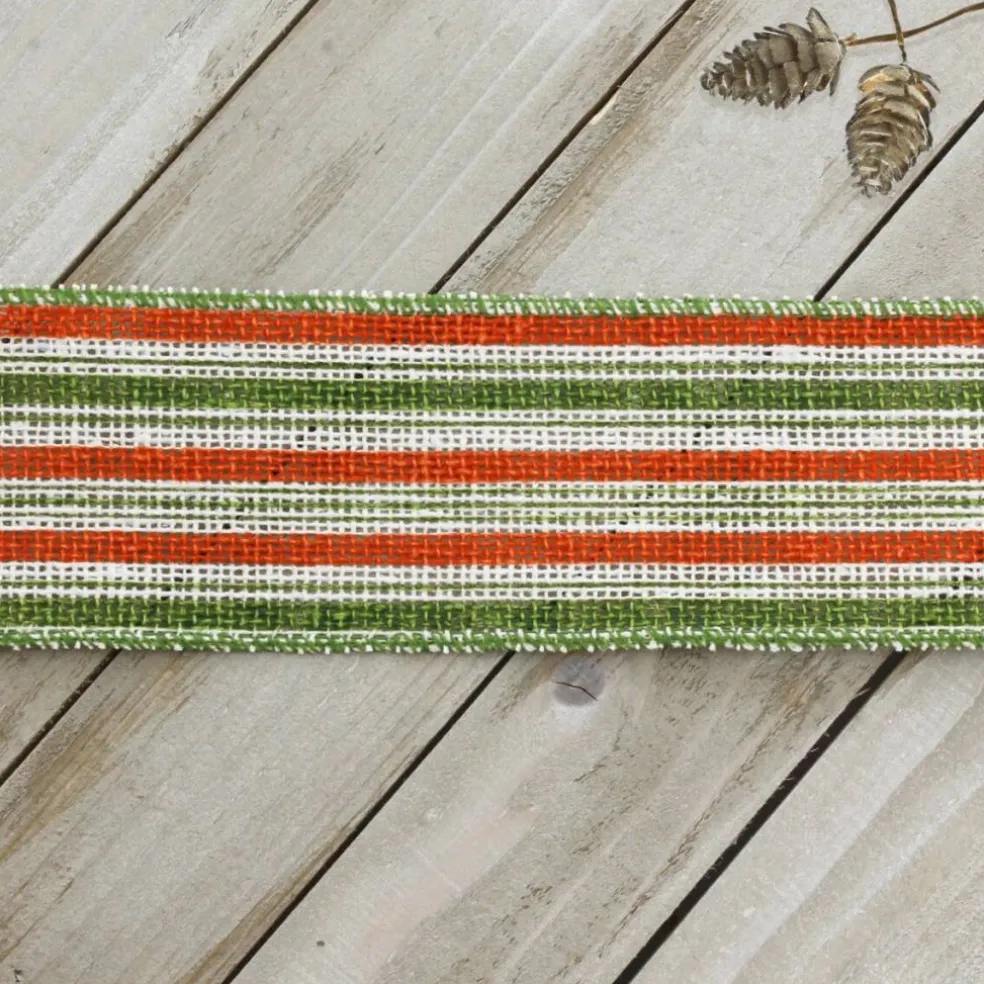 2 1/2" Wired Ribbon Fall Orange/Green/Cream Stripes Burlap 10 Yards