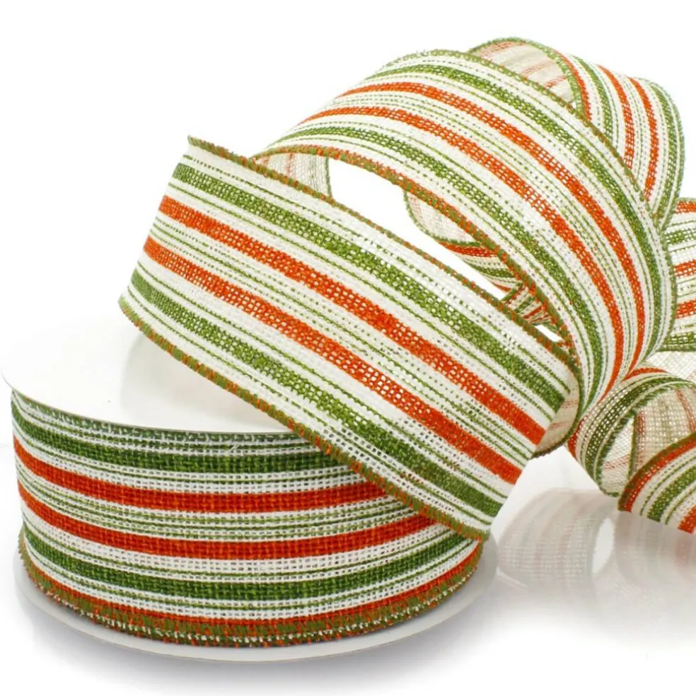 2 1/2" Wired Ribbon Fall Orange/Green/Cream Stripes Burlap 10 Yards