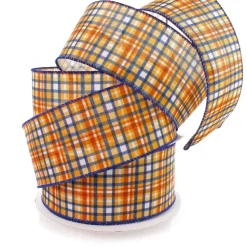 2 1/2" Wired Ribbon Fall Plaid Gold/Navy/Rust Orange 25 Yards