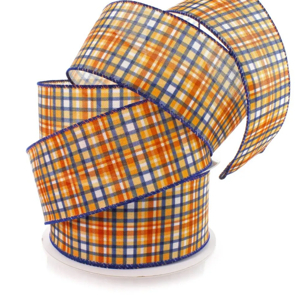 2 1/2" Wired Ribbon Fall Plaid Gold/Navy/Rust Orange 25 Yards