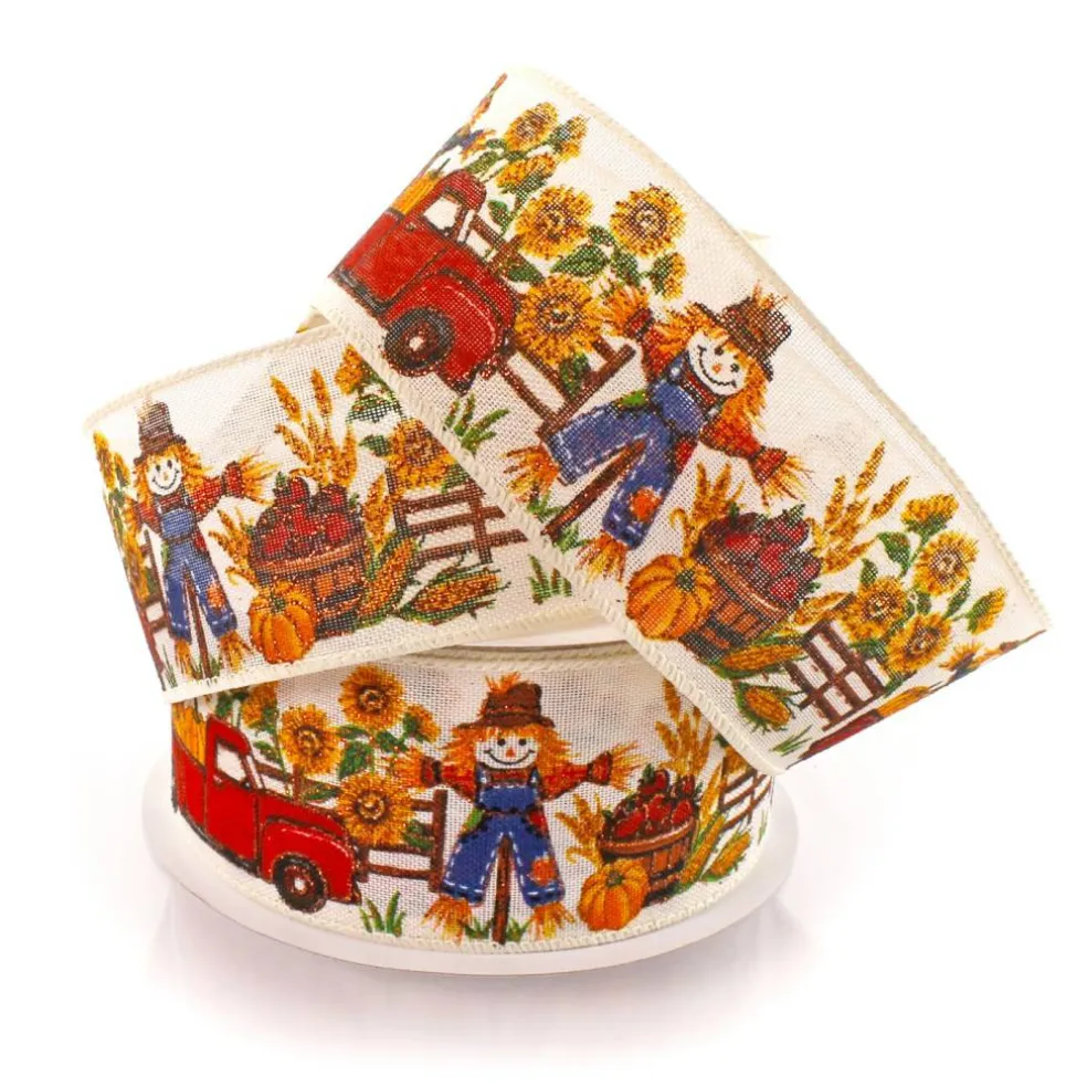 2 1/2" Wired Ribbon Fall Scarecrows and Sunflowers 10 Yards