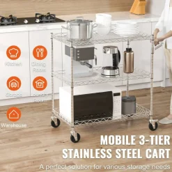Wire Kitchen Cart, 3-Tier Steel Storage Trolley 661 lbs Capacity, Curved Handle and Hooks