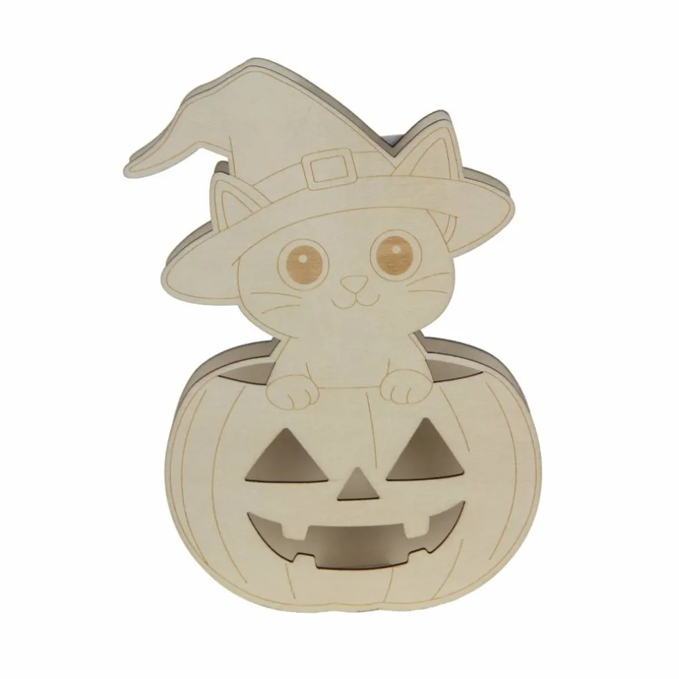 7" Witch Cat in Pumpkin DIY LED Wood Décor by Make Market®