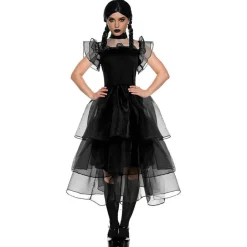 Women Gothic Prom Dress Halloween Costume Black Layered Spooky Outfit