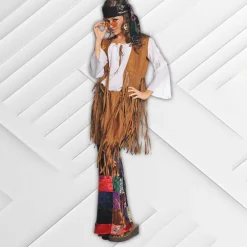 Womens Hippie Costume Fringed Vest Velvet Patchwork Bell Bottoms