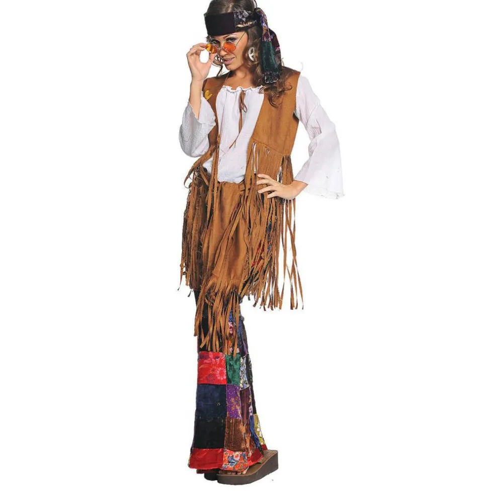 Womens Hippie Costume Fringed Vest Velvet Patchwork Bell Bottoms