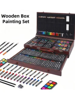 Wooden Box Painting Set 143pcs Deluxe Art Set with Crayons, Acrylic Paints, Colored Pencils