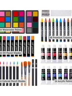 Wooden Box Painting Set 140pcs Deluxe Art Set with Crayons, Acrylic Paints, Colored Pencils