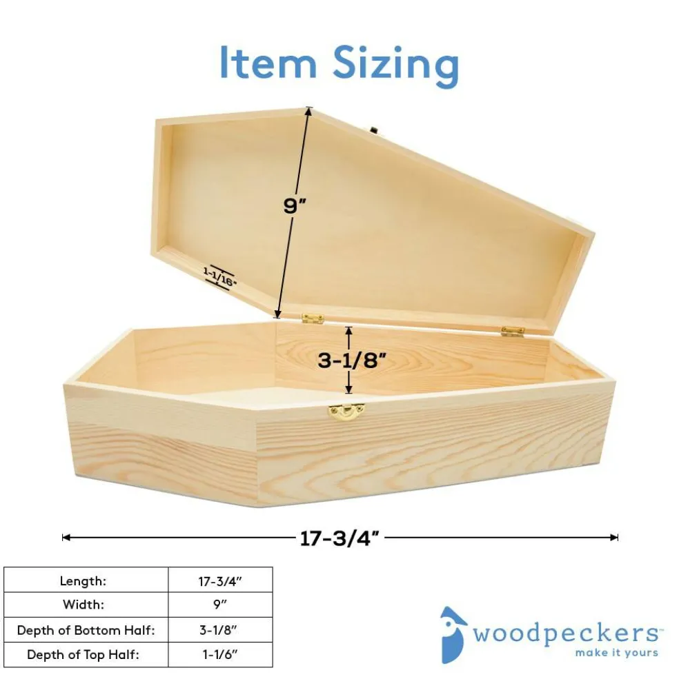 Wooden Coffin Box, Multiple Sizes, Unfinished, Halloween Decor, Pet Casket | Woodpeckers