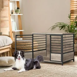 Wooden Dog Crate Furniture, Decorative Indoor Dog Kennel with Lockable Double Doors for Medium Large Dogs