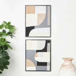 Wooden Geometric Mixed Media Home Wall Décor with Black Frames, Pack of 2