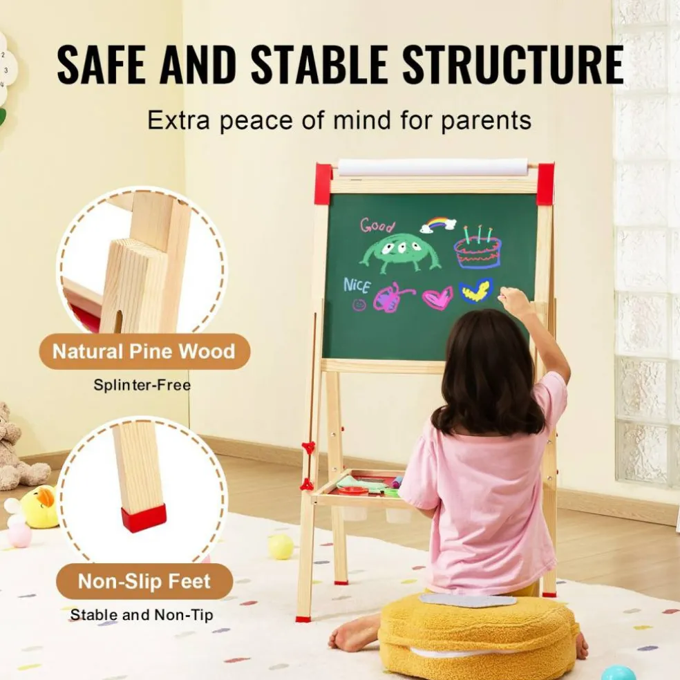Wooden Kids Art Easel 3 in 1 Double Sided with Whiteboard Chalkboard and Paper Roll