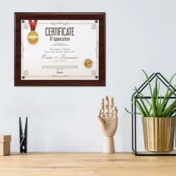 Wooden 8.5x11 Certificate Frame, Brown Wall Mounted Document & Award Display Plaque, MDF Marble Finish Diploma Picture Frame for Home Office Decoration