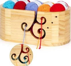 Wooden Yarn Bowl for Knitting, Yarn Holder for Crocheting with 3 Holes (light-brown)