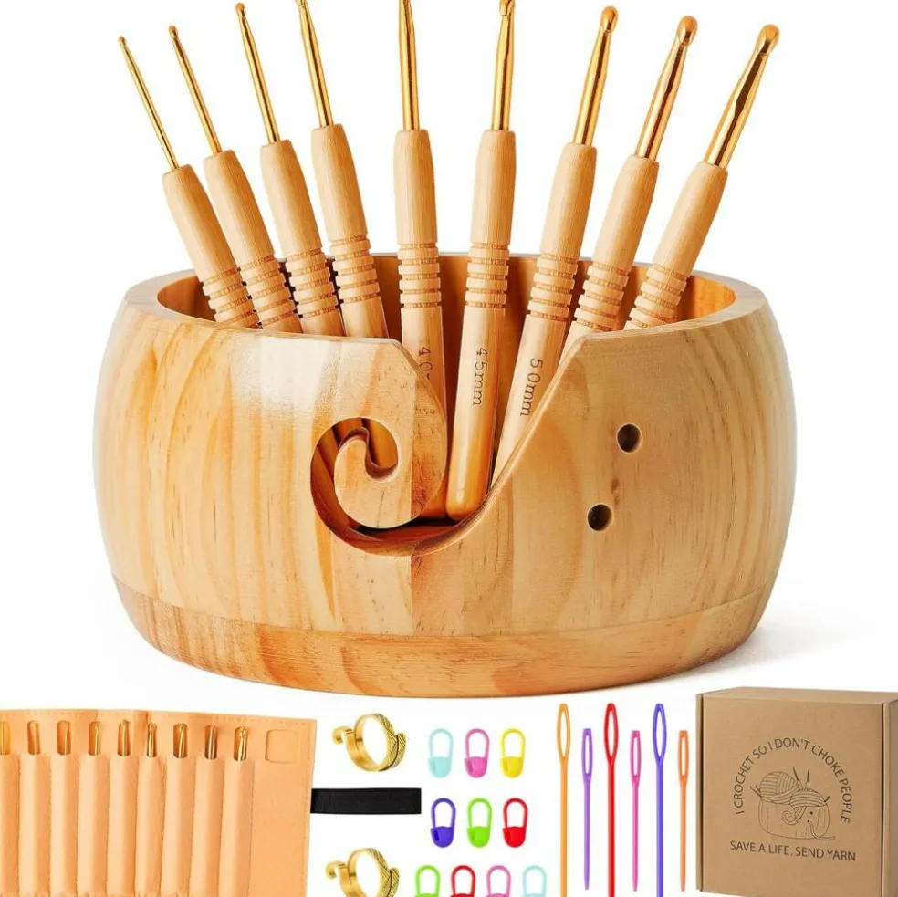 Wooden Yarn Bowl Holder Set(Natural)