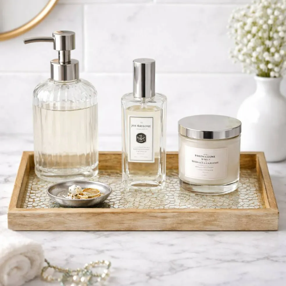 Wood & Glass Mosaic Vanity Tray, 12" | Silver Mosaic Finish