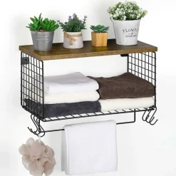 Wood & Metal Wall Mounted Bathroom Towel Rack with 6 Hooks