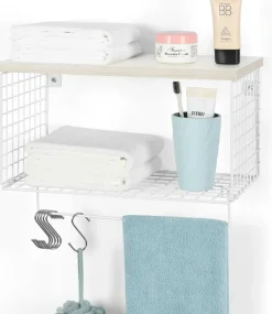 Wood & Metal Wall Mounted Bathroom Towel Rack with 6 Hooks