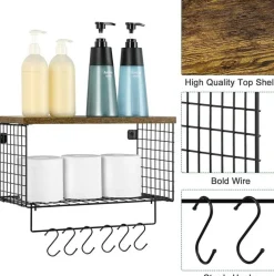 Wood & Metal Wall Mounted Bathroom Towel Rack with 6 Hooks