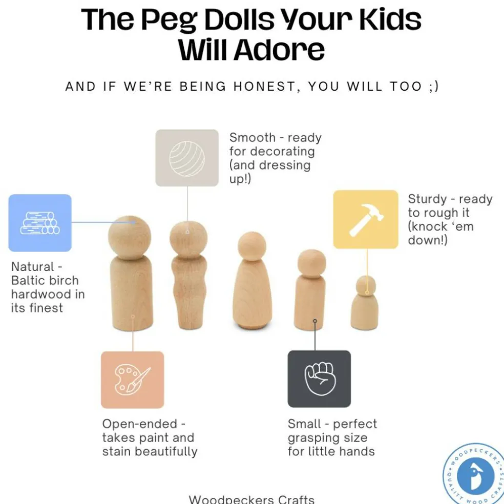 Wood Peg Doll People Unfinished Multiple Sizes Dad, for Crafts & Play | Woodpeckers