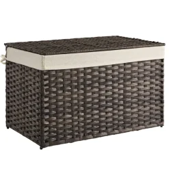 Woven Storage Basket with Lid Large 27.7 Gallon, Foldable Laundry Hamper with Metal Frame and Removable Liner for Home Storage
